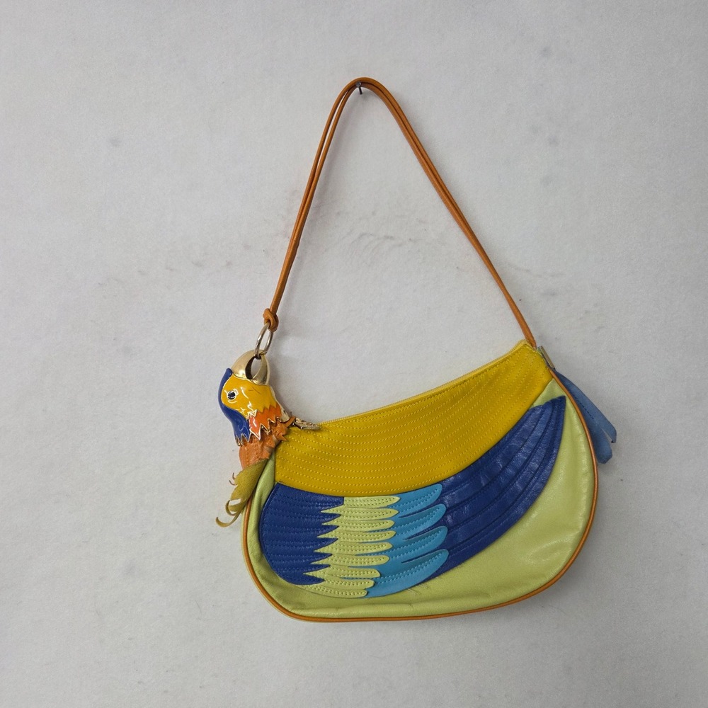 Braccialini Shoulder Bag Italian Leather Parrot Yellow Green Blue Made‎ in Italy